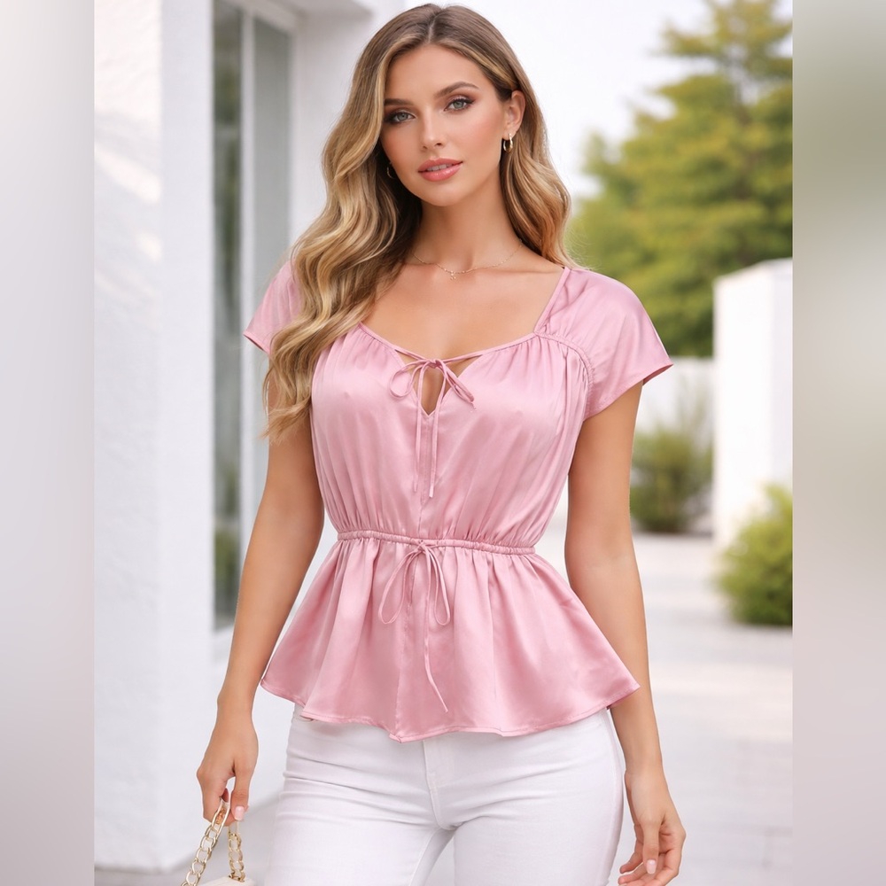Old Navy Pink Satin Peasant Top – Size Large Petite